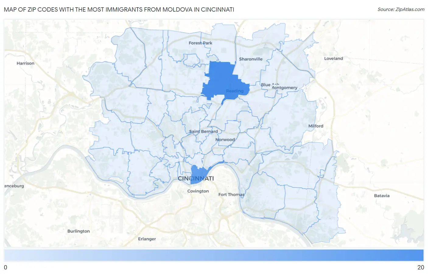 Zip Codes with the Most Immigrants from Moldova in Cincinnati Map