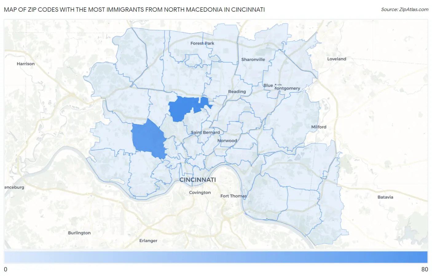 Zip Codes with the Most Immigrants from North Macedonia in Cincinnati Map