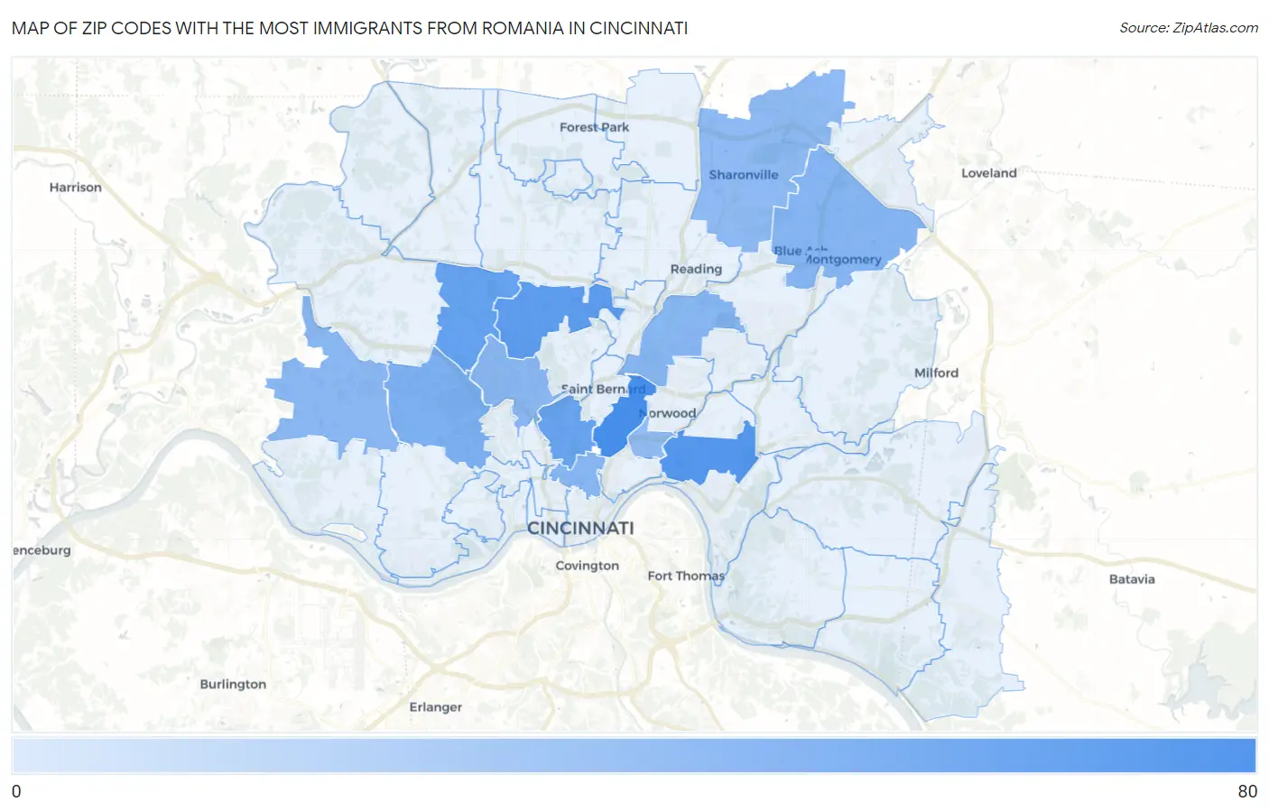 Zip Codes with the Most Immigrants from Romania in Cincinnati Map