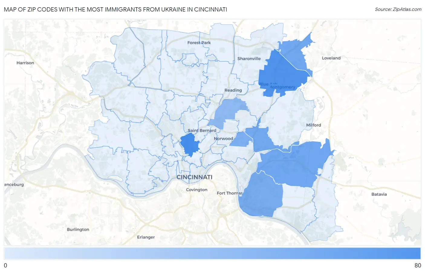 Zip Codes with the Most Immigrants from Ukraine in Cincinnati Map