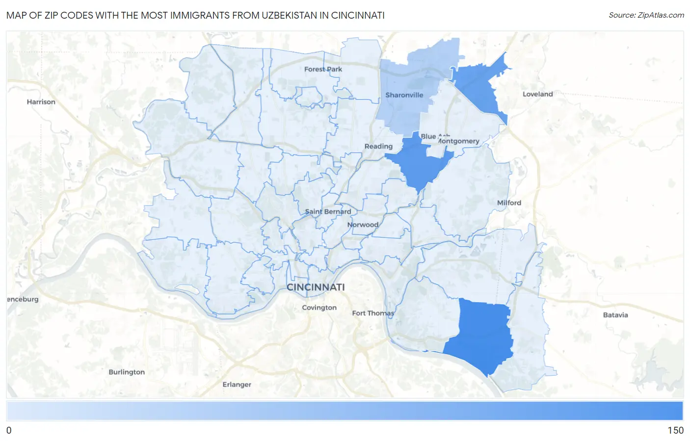 Zip Codes with the Most Immigrants from Uzbekistan in Cincinnati Map
