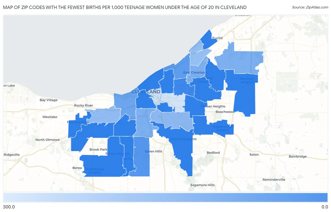 Zip Codes with the Fewest Births per 1,000 Teenage Women Under the Age of 20 in Cleveland Map