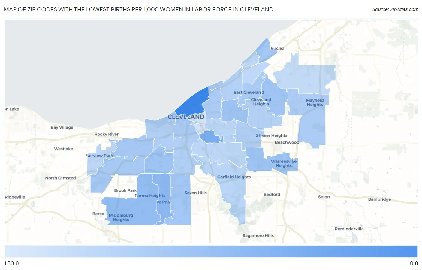 Zip Codes with the Lowest Births per 1,000 Women in Labor Force in Cleveland Map
