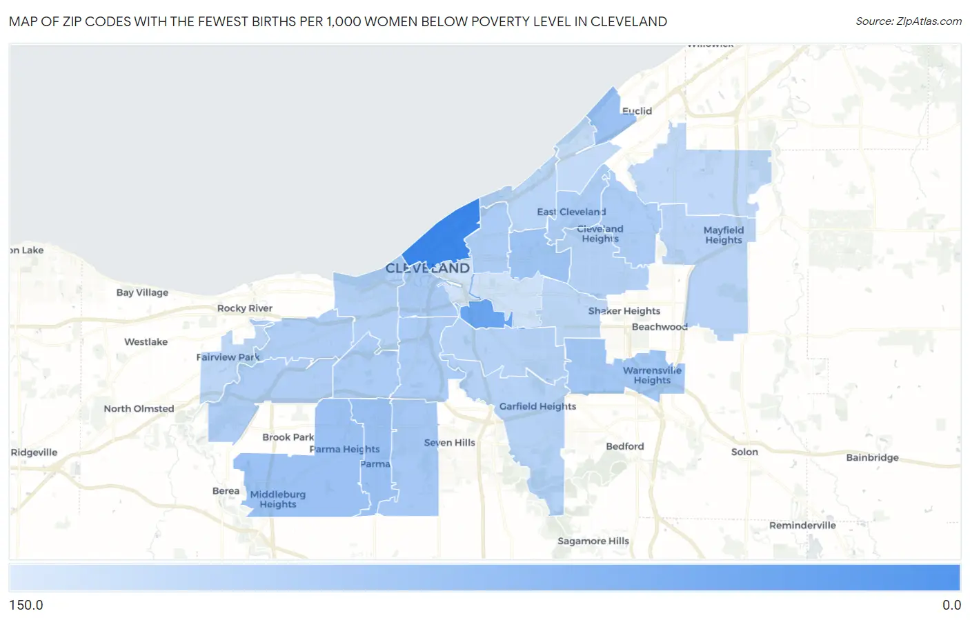 Zip Codes with the Fewest Births per 1,000 Women Below Poverty Level in Cleveland Map
