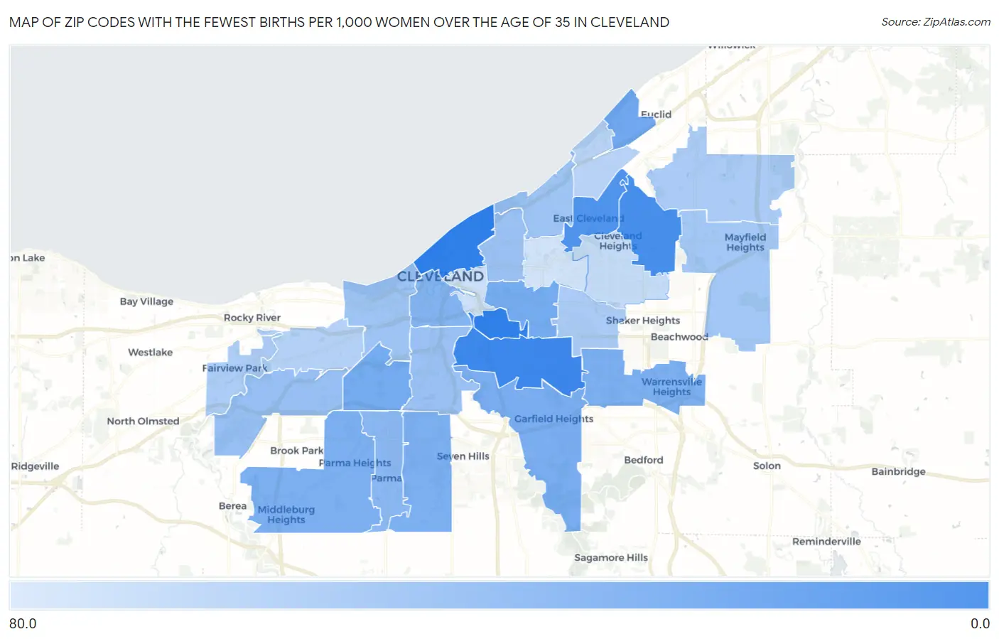 Zip Codes with the Fewest Births per 1,000 Women Over the Age of 35 in Cleveland Map