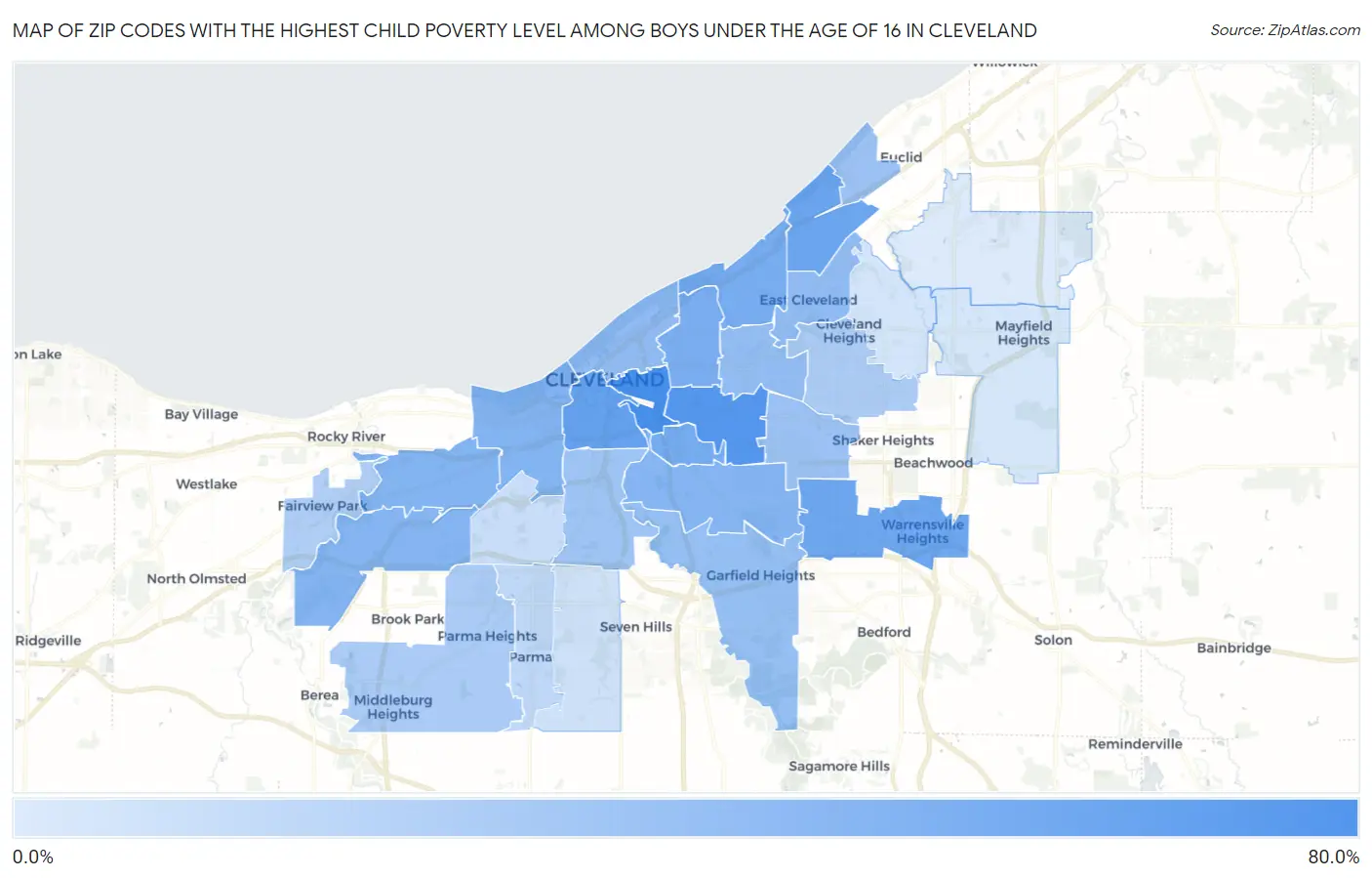 Zip Codes with the Highest Child Poverty Level Among Boys Under the Age of 16 in Cleveland Map