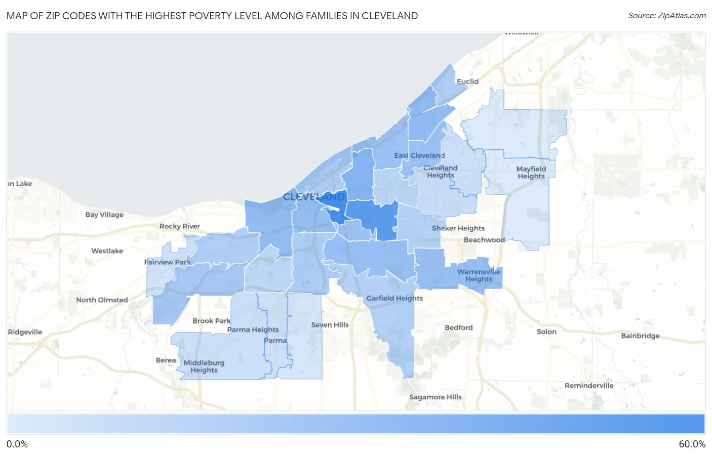 Zip Codes with the Highest Poverty Level Among Families in Cleveland Map