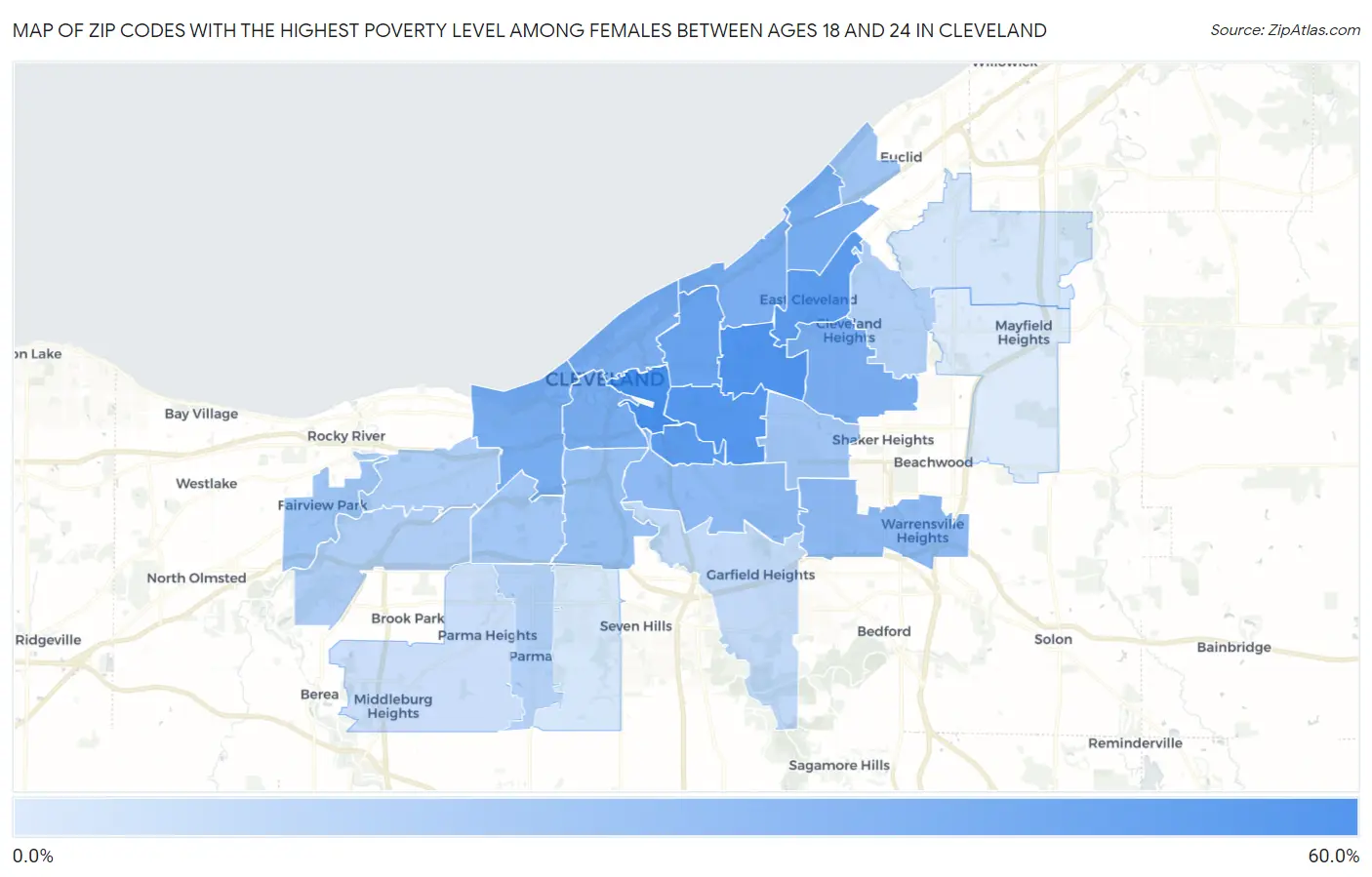 Zip Codes with the Highest Poverty Level Among Females Between Ages 18 and 24 in Cleveland Map
