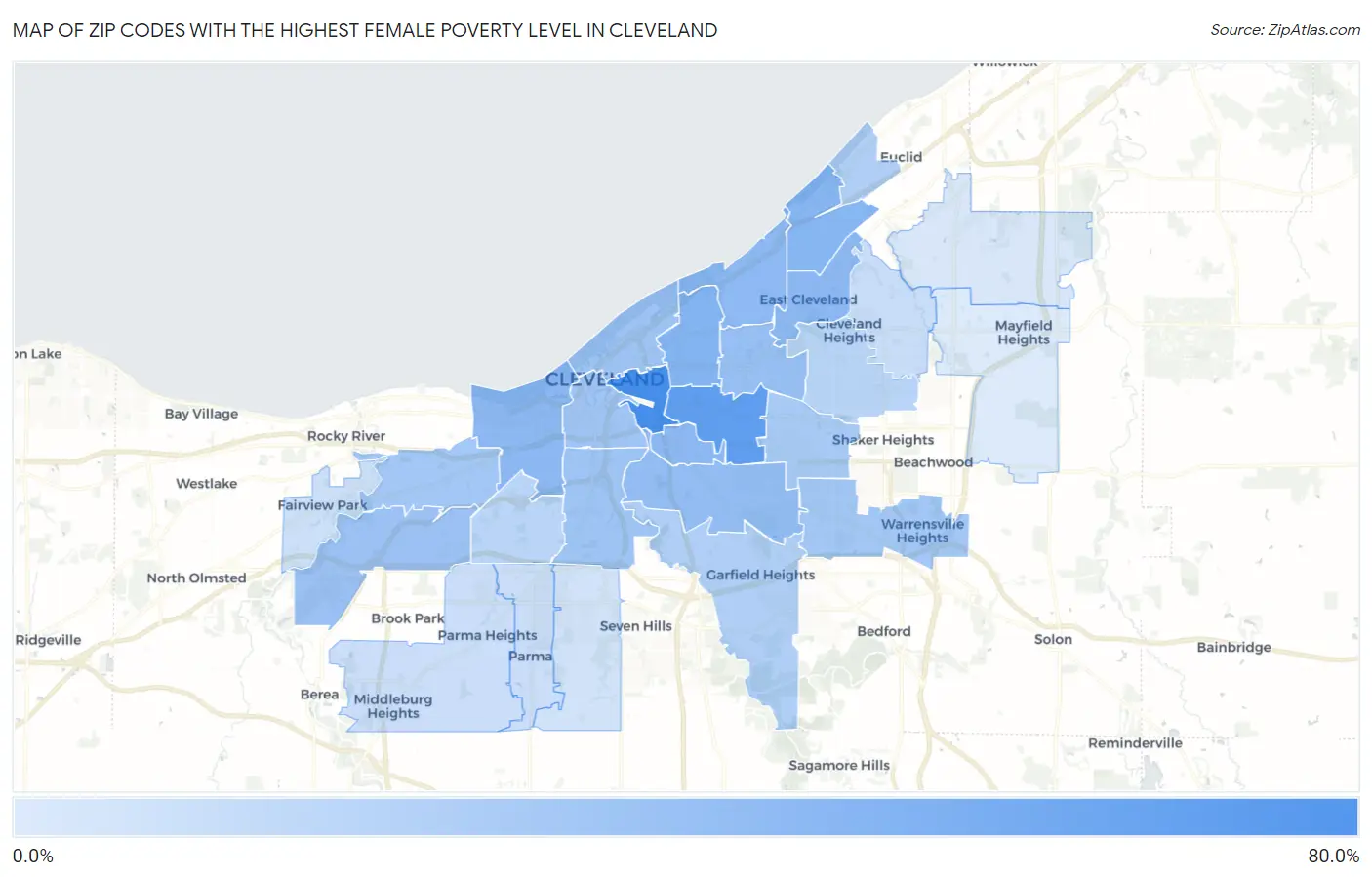 Zip Codes with the Highest Female Poverty Level in Cleveland Map