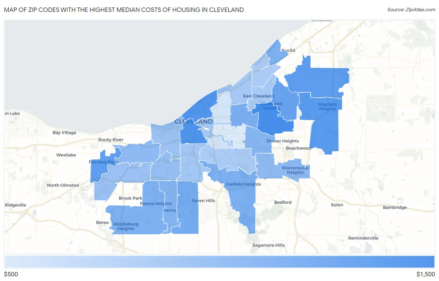 Zip Codes with the Highest Median Costs of Housing in Cleveland Map