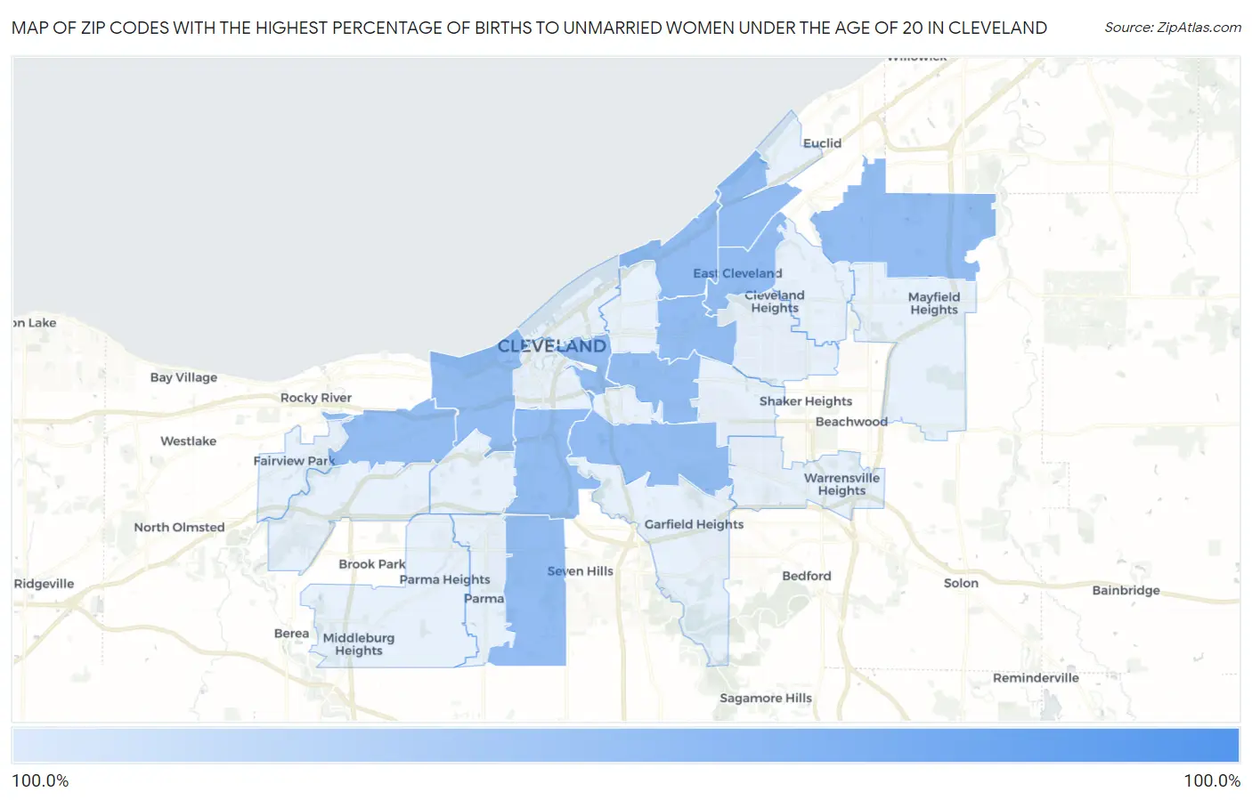 Zip Codes with the Highest Percentage of Births to Unmarried Women under the Age of 20 in Cleveland Map