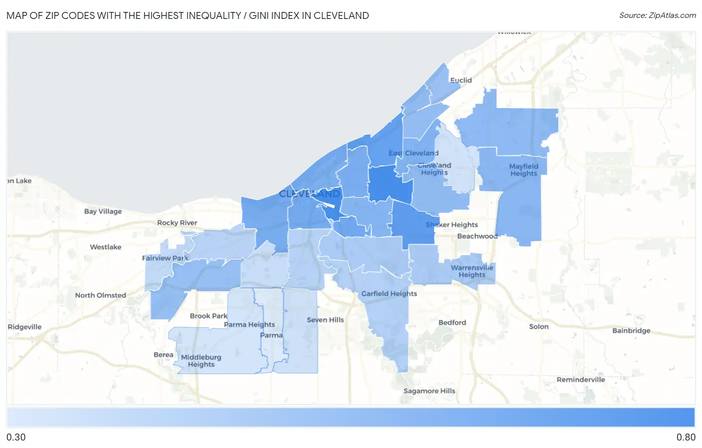 Zip Codes with the Highest Inequality / Gini Index in Cleveland Map
