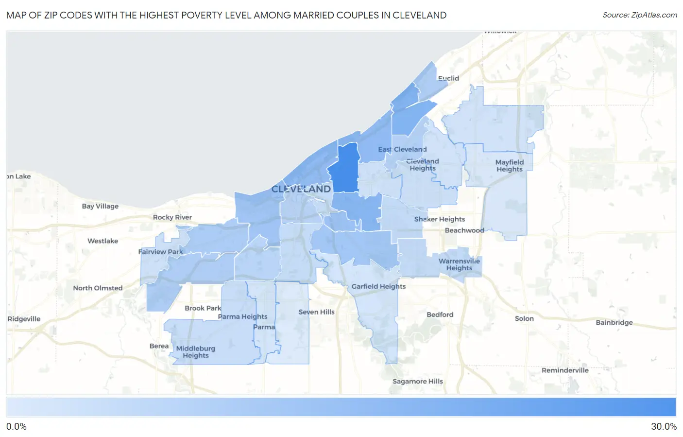 Zip Codes with the Highest Poverty Level Among Married Couples in Cleveland Map