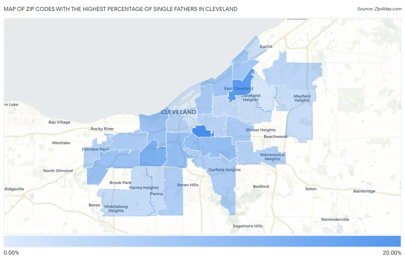 Zip Codes with the Highest Percentage of Single Fathers in Cleveland Map