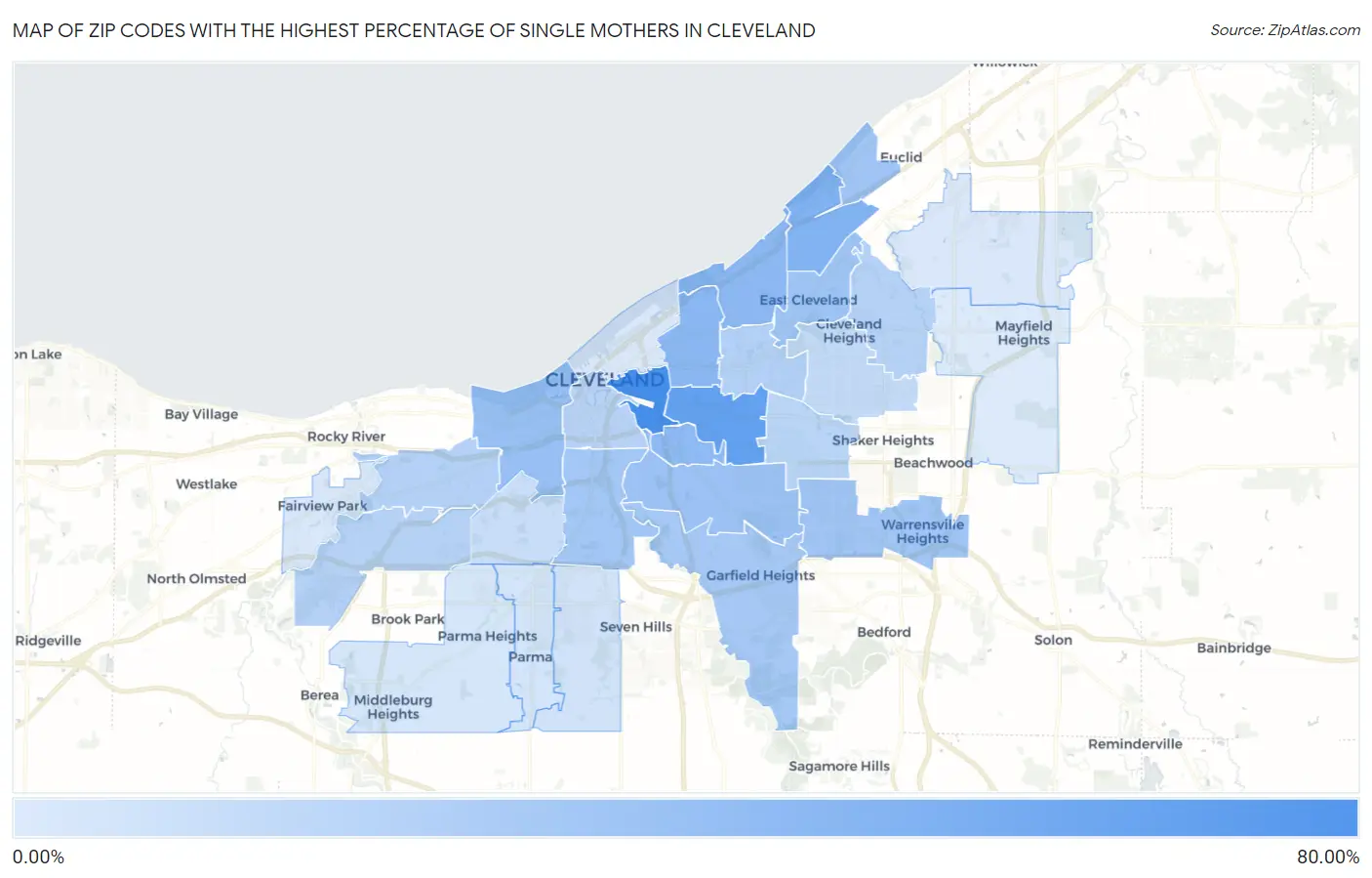 Zip Codes with the Highest Percentage of Single Mothers in Cleveland Map