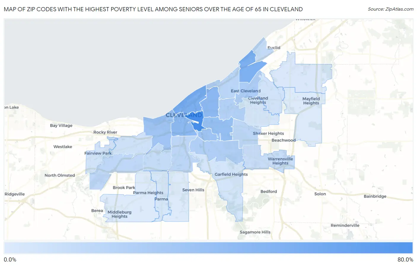 Zip Codes with the Highest Poverty Level Among Seniors Over the Age of 65 in Cleveland Map