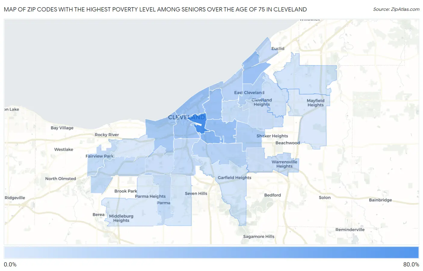 Zip Codes with the Highest Poverty Level Among Seniors Over the Age of 75 in Cleveland Map