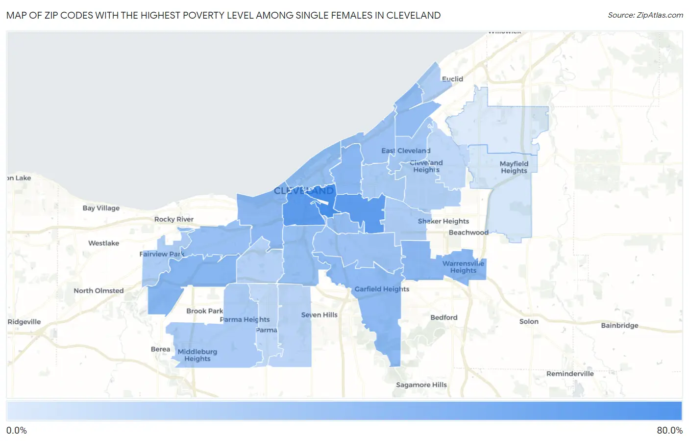 Zip Codes with the Highest Poverty Level Among Single Females in Cleveland Map