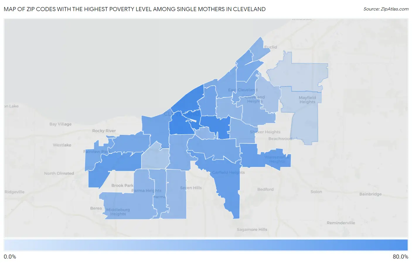 Zip Codes with the Highest Poverty Level Among Single Mothers in Cleveland Map