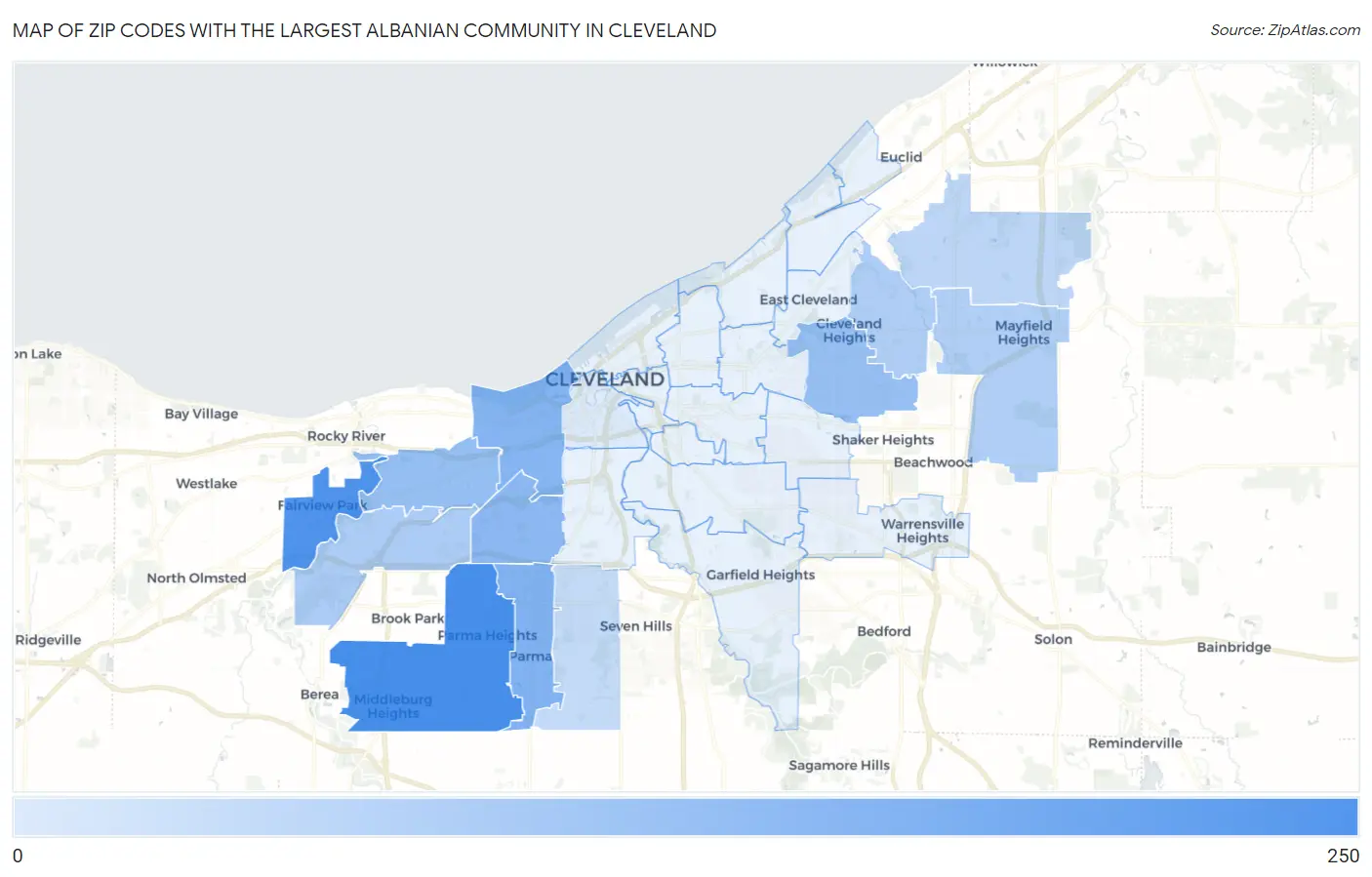 Zip Codes with the Largest Albanian Community in Cleveland Map