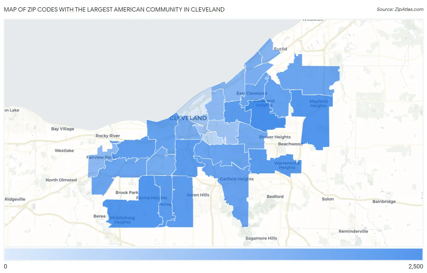 Zip Codes with the Largest American Community in Cleveland Map