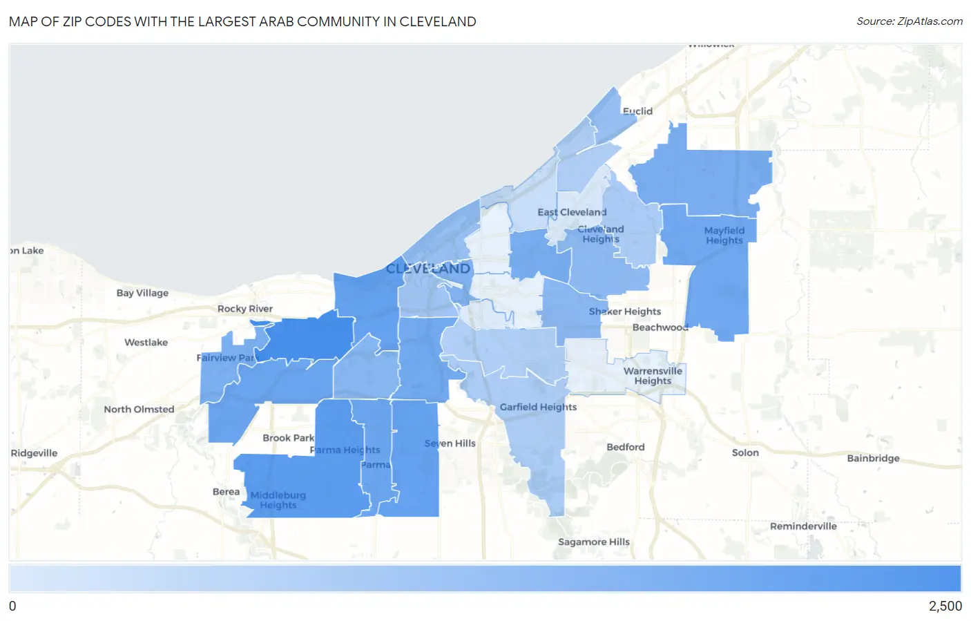 Zip Codes with the Largest Arab Community in Cleveland Map