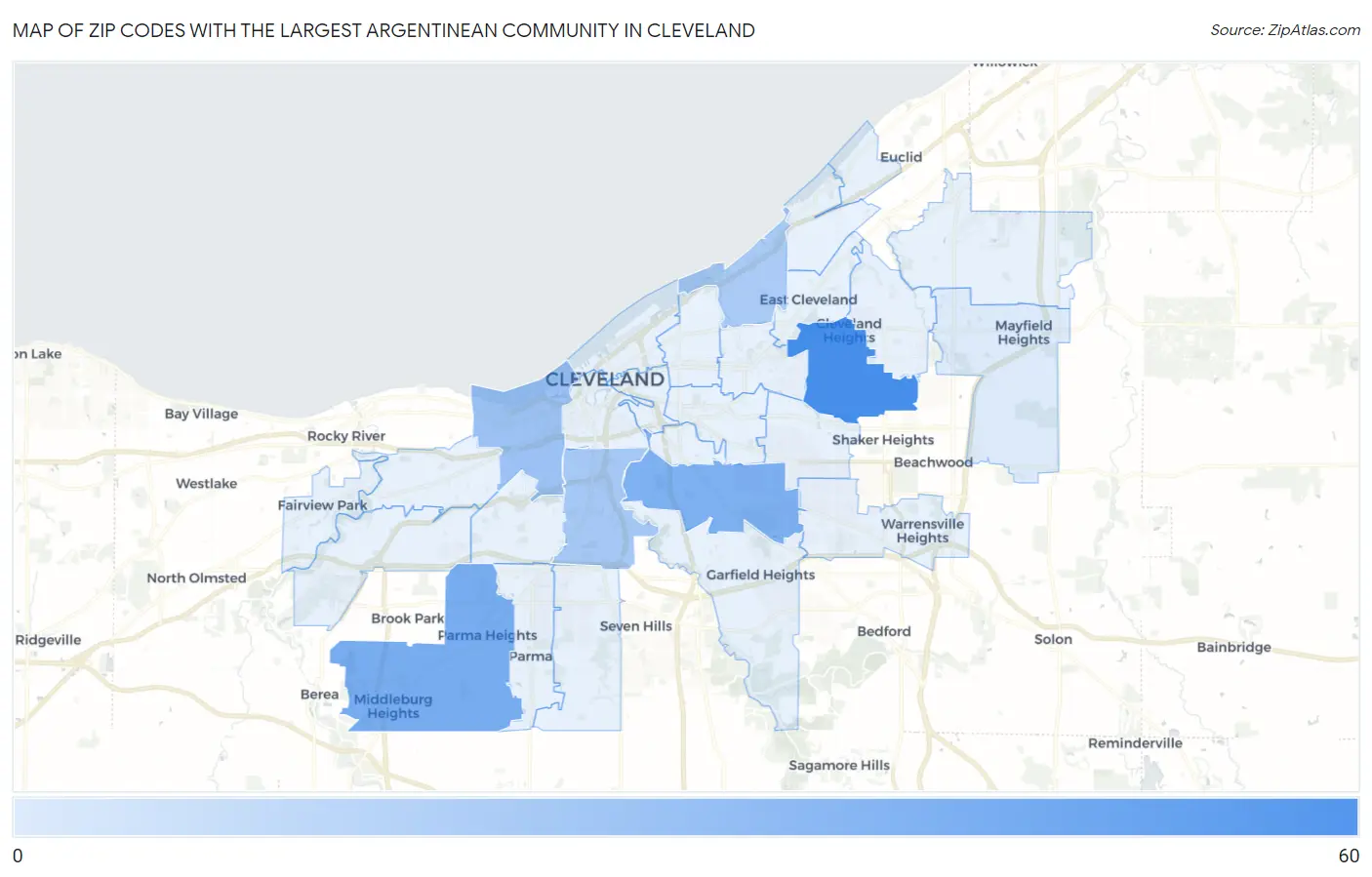 Zip Codes with the Largest Argentinean Community in Cleveland Map