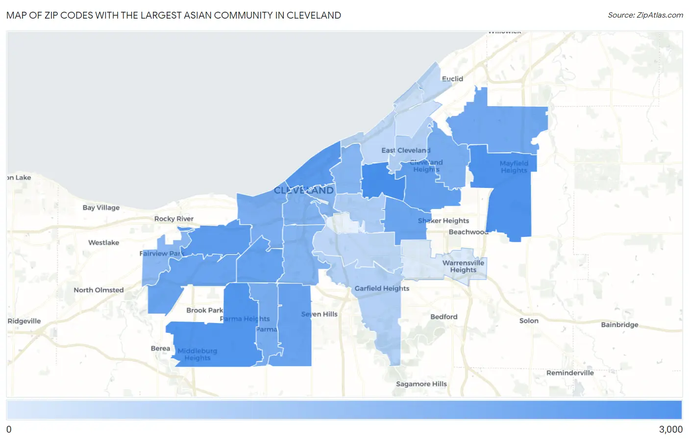 Zip Codes with the Largest Asian Community in Cleveland Map