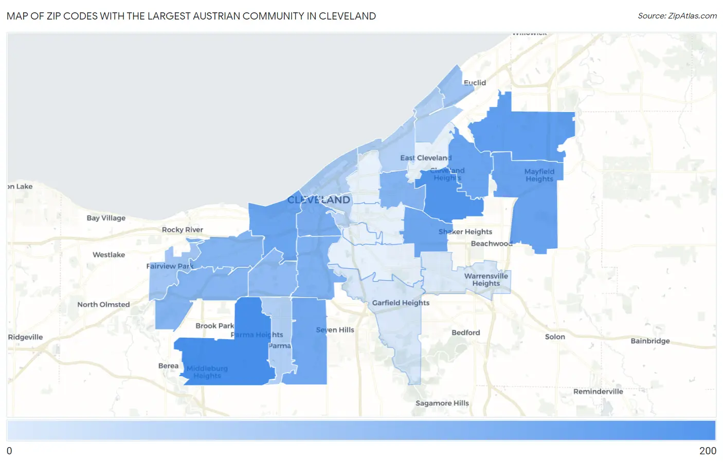 Zip Codes with the Largest Austrian Community in Cleveland Map