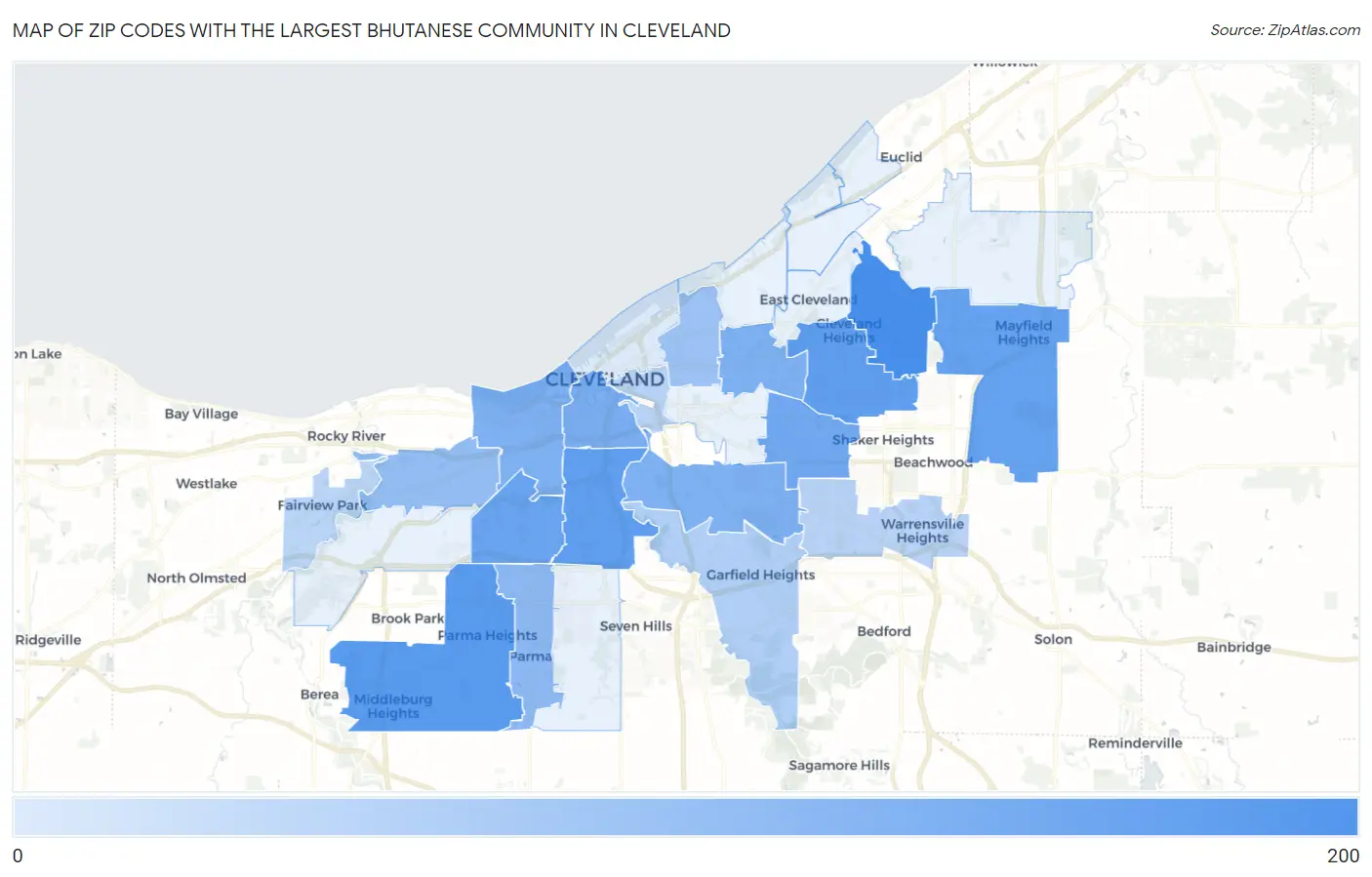 Zip Codes with the Largest Bhutanese Community in Cleveland Map