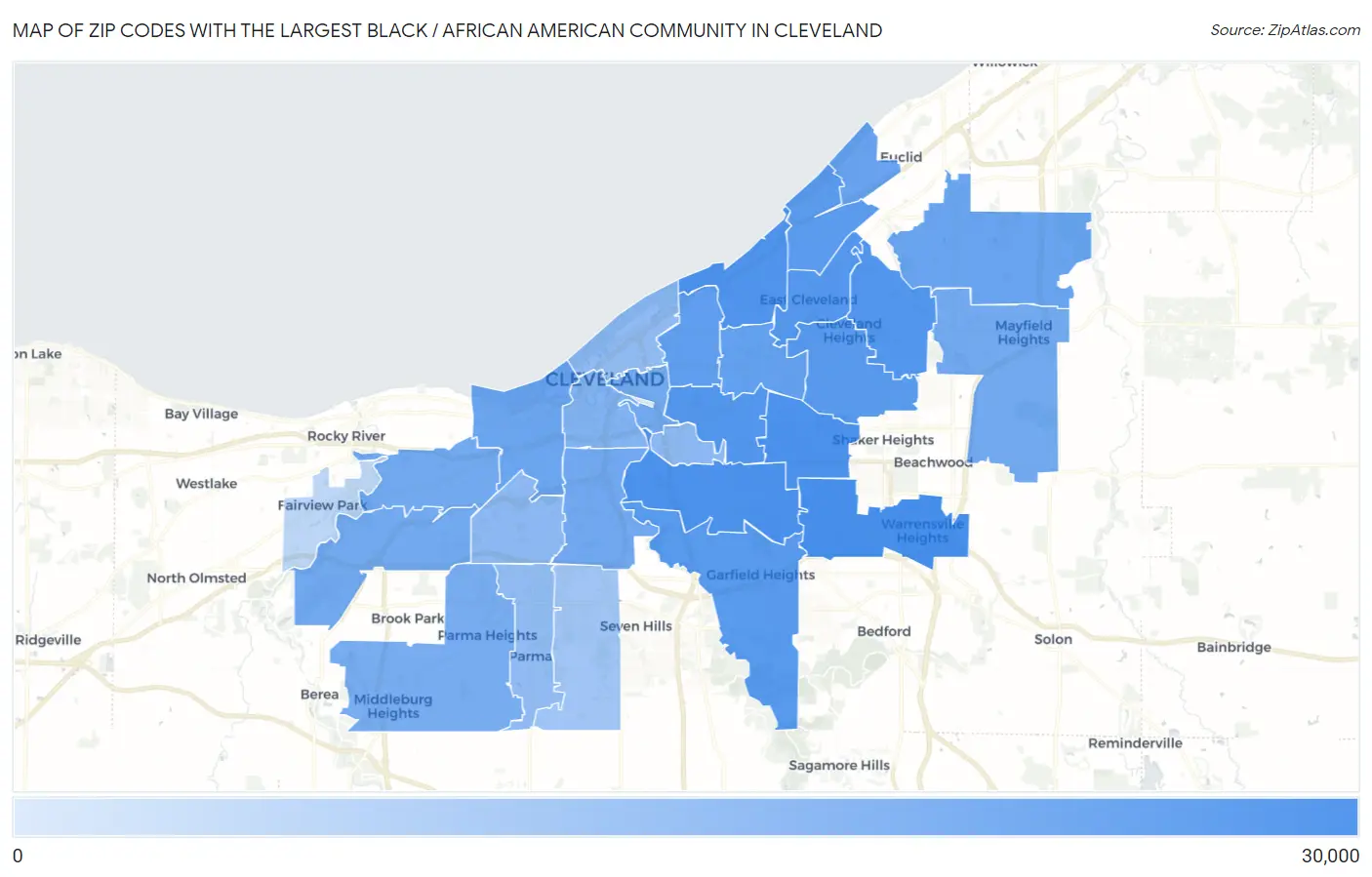 Zip Codes with the Largest Black / African American Community in Cleveland Map