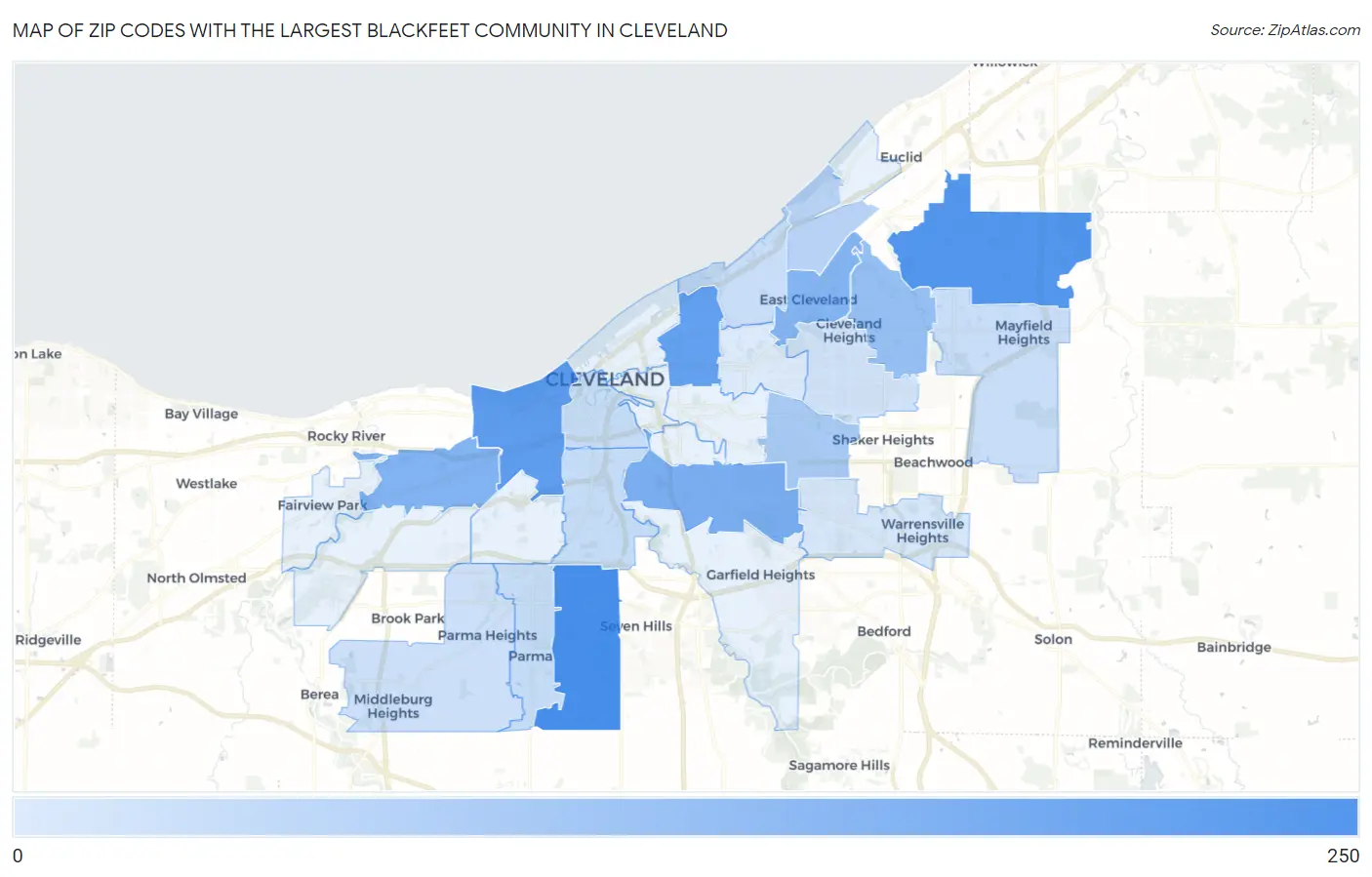 Zip Codes with the Largest Blackfeet Community in Cleveland Map
