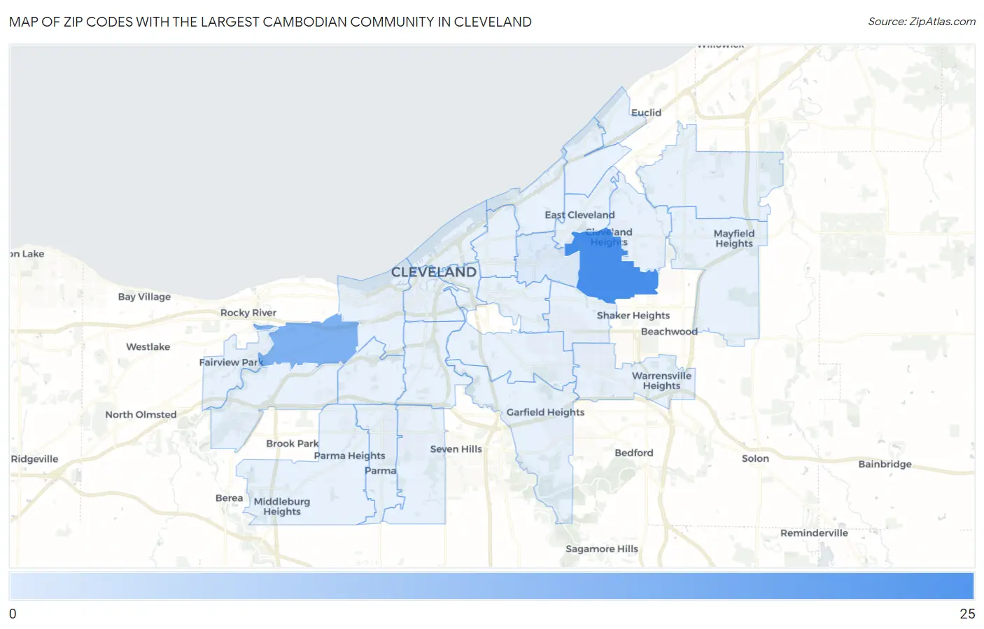 Zip Codes with the Largest Cambodian Community in Cleveland Map
