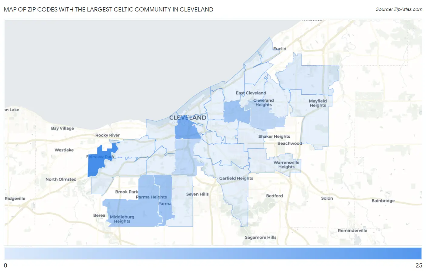 Zip Codes with the Largest Celtic Community in Cleveland Map