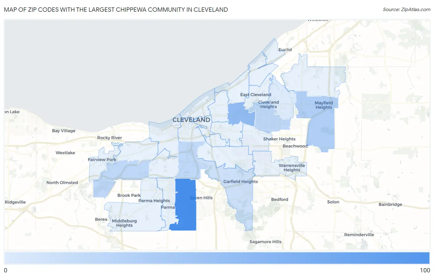 Zip Codes with the Largest Chippewa Community in Cleveland Map