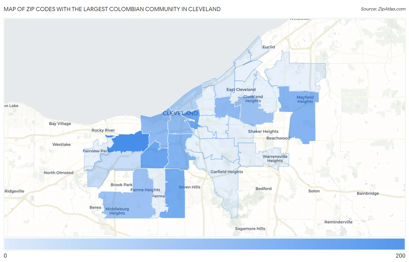 Zip Codes with the Largest Colombian Community in Cleveland Map