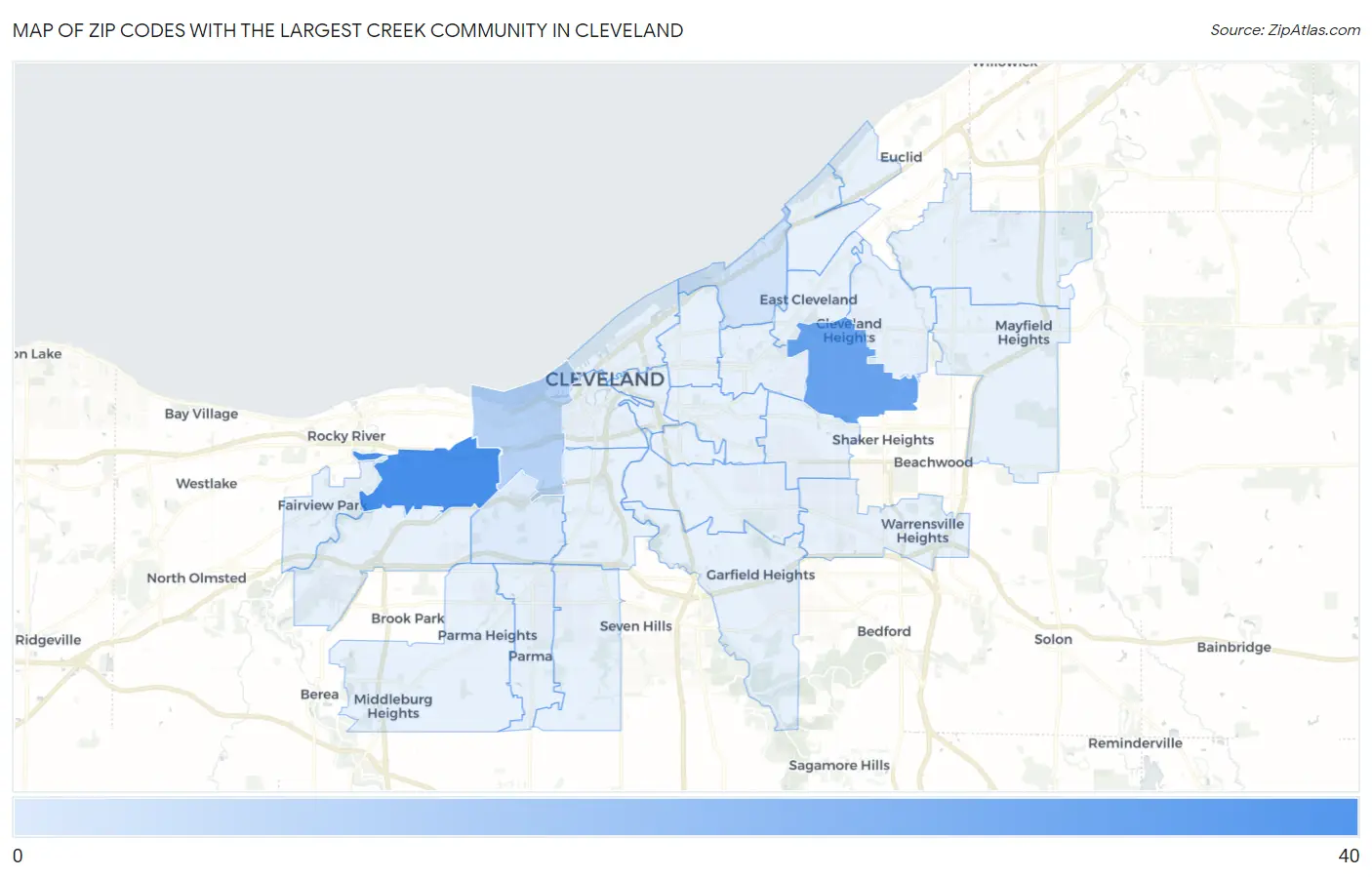 Zip Codes with the Largest Creek Community in Cleveland Map