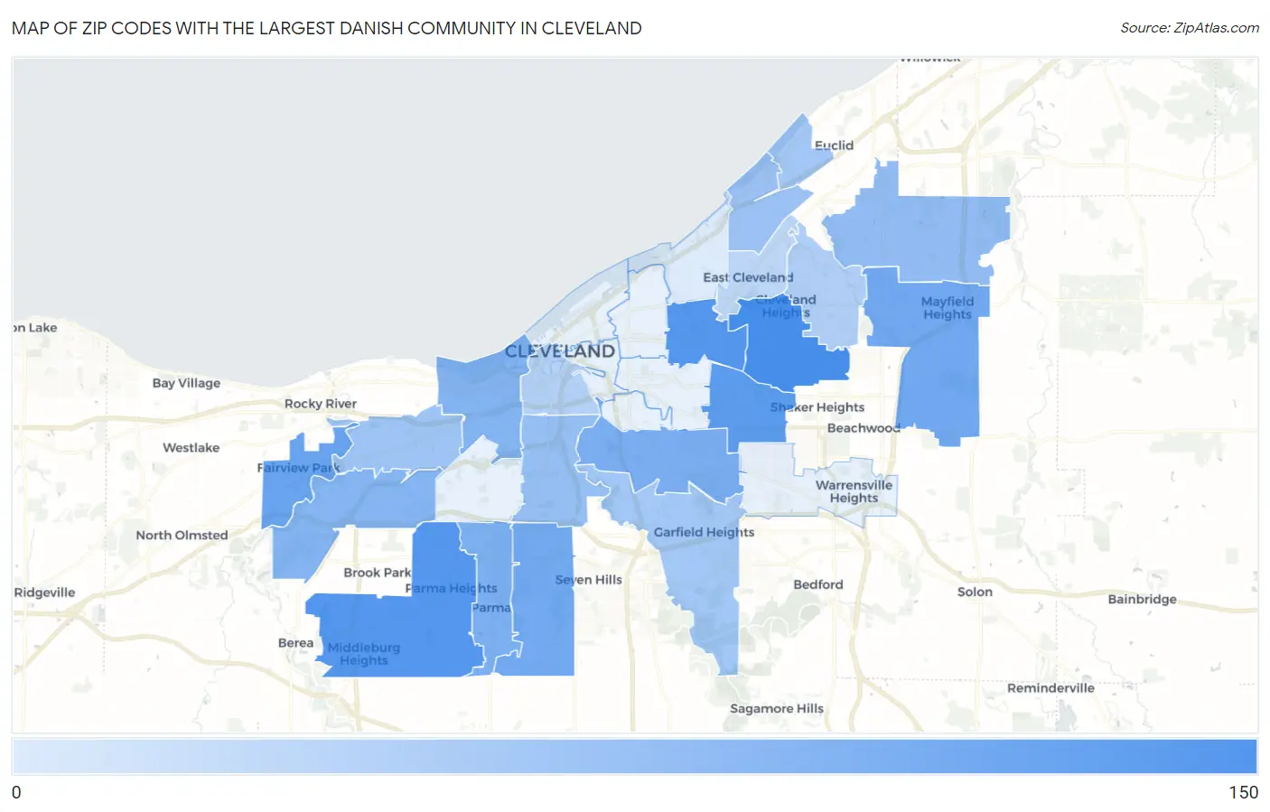 Zip Codes with the Largest Danish Community in Cleveland Map