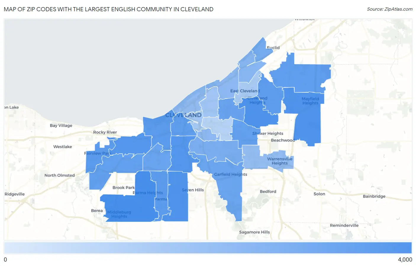 Zip Codes with the Largest English Community in Cleveland Map