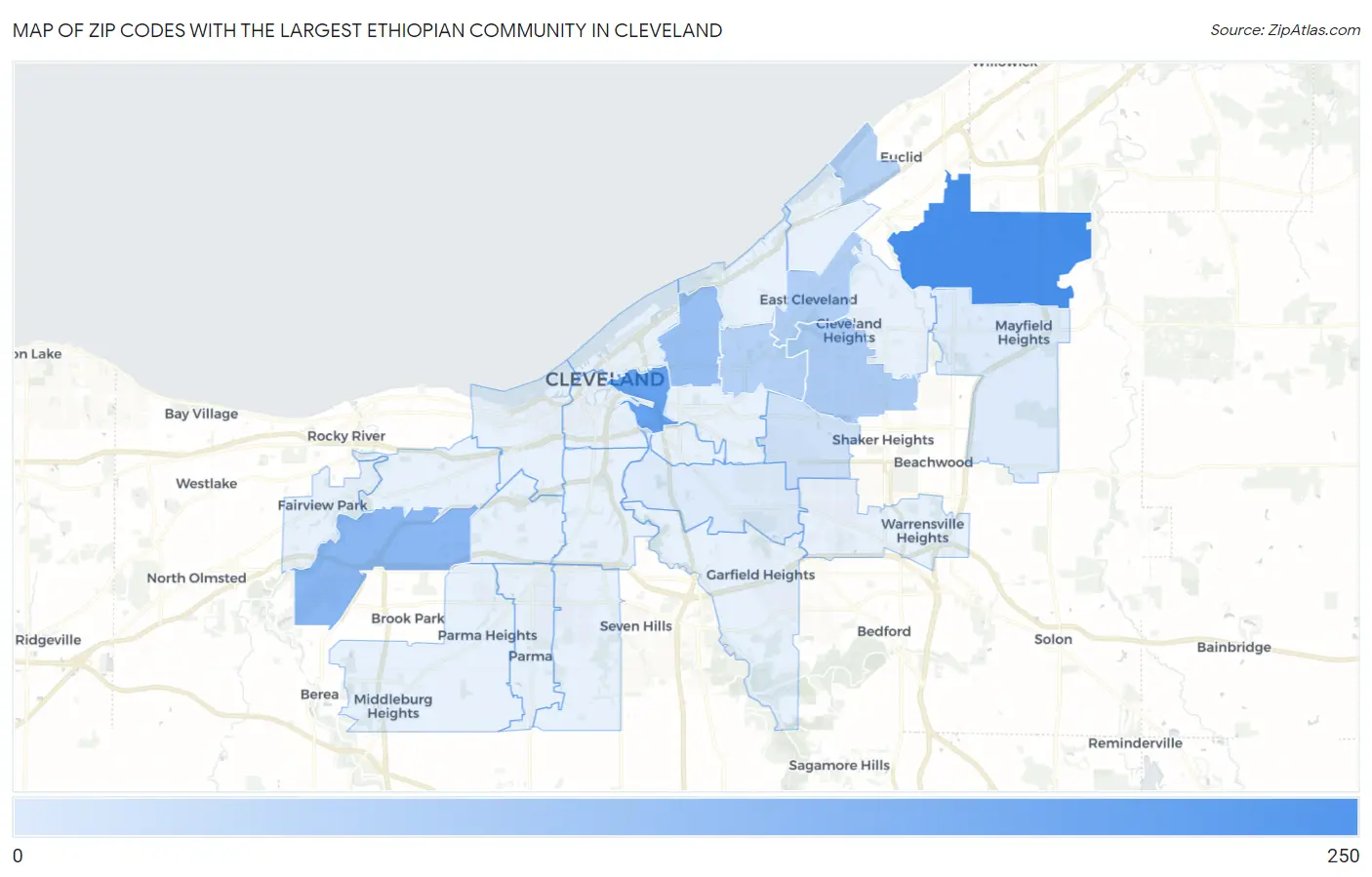 Zip Codes with the Largest Ethiopian Community in Cleveland Map