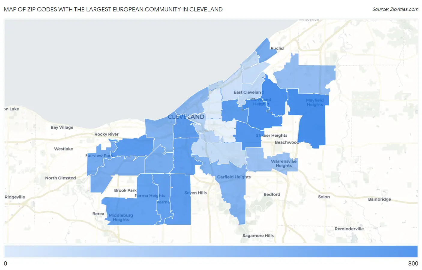 Zip Codes with the Largest European Community in Cleveland Map