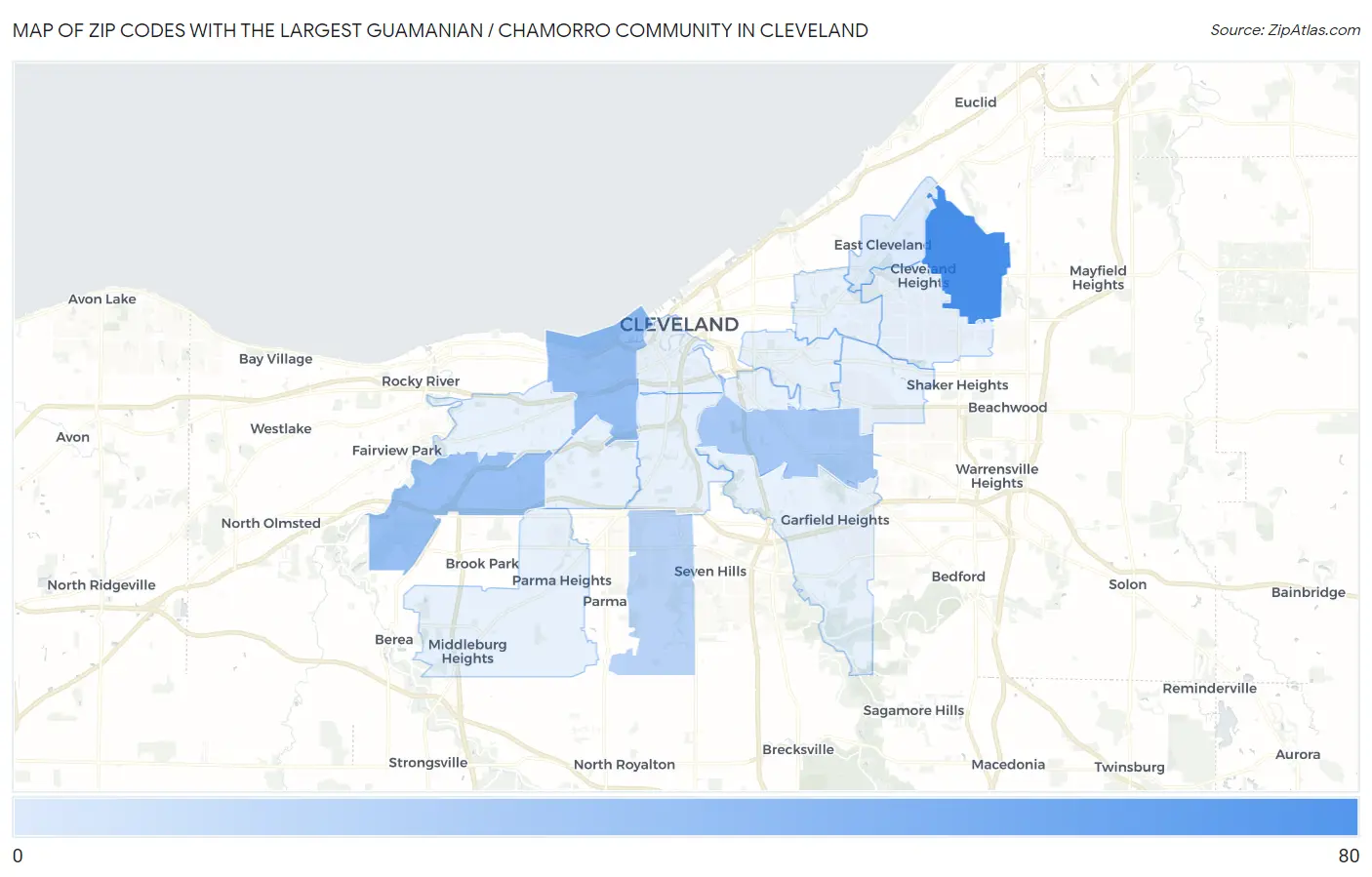 Zip Codes with the Largest Guamanian / Chamorro Community in Cleveland Map