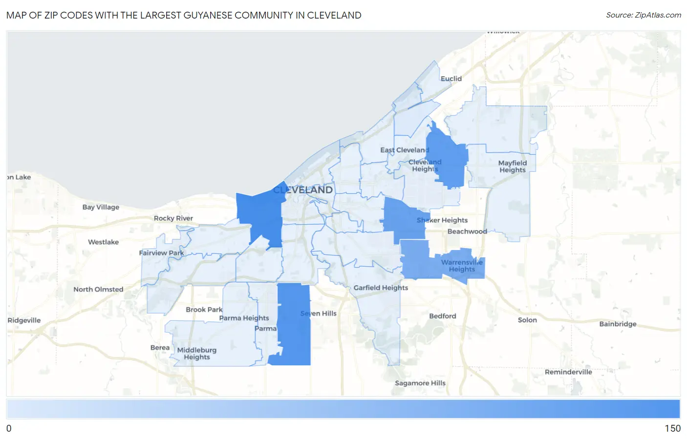 Zip Codes with the Largest Guyanese Community in Cleveland Map