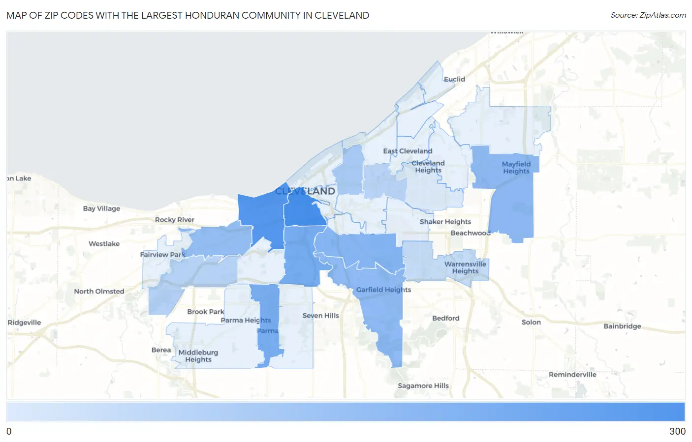 Zip Codes with the Largest Honduran Community in Cleveland Map
