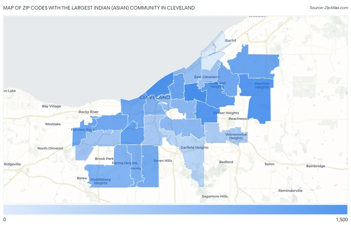 Zip Codes with the Largest Indian (Asian) Community in Cleveland Map