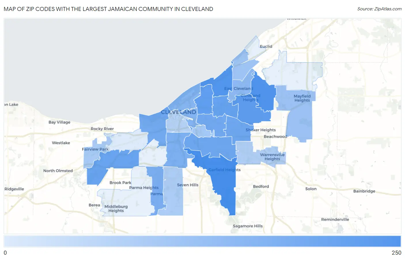 Zip Codes with the Largest Jamaican Community in Cleveland Map