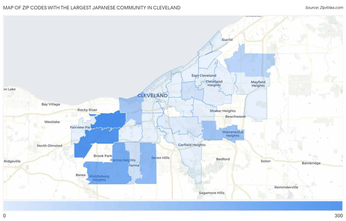 Zip Codes with the Largest Japanese Community in Cleveland Map