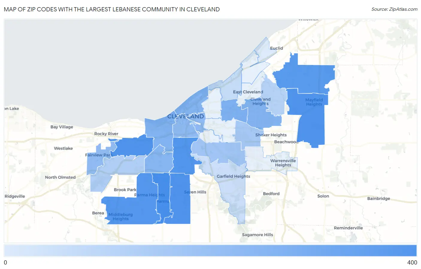 Zip Codes with the Largest Lebanese Community in Cleveland Map