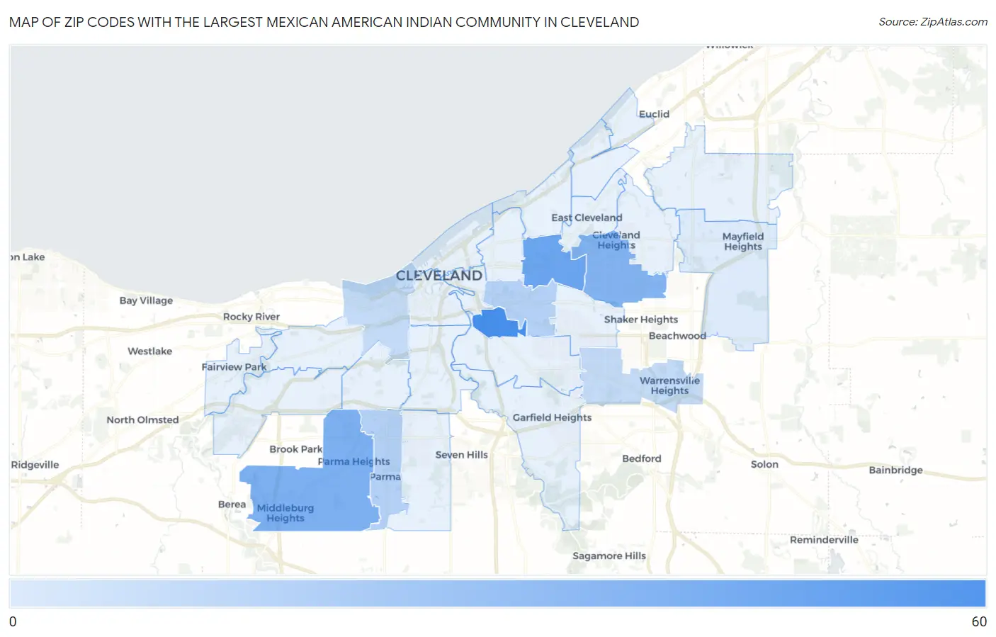 Zip Codes with the Largest Mexican American Indian Community in Cleveland Map