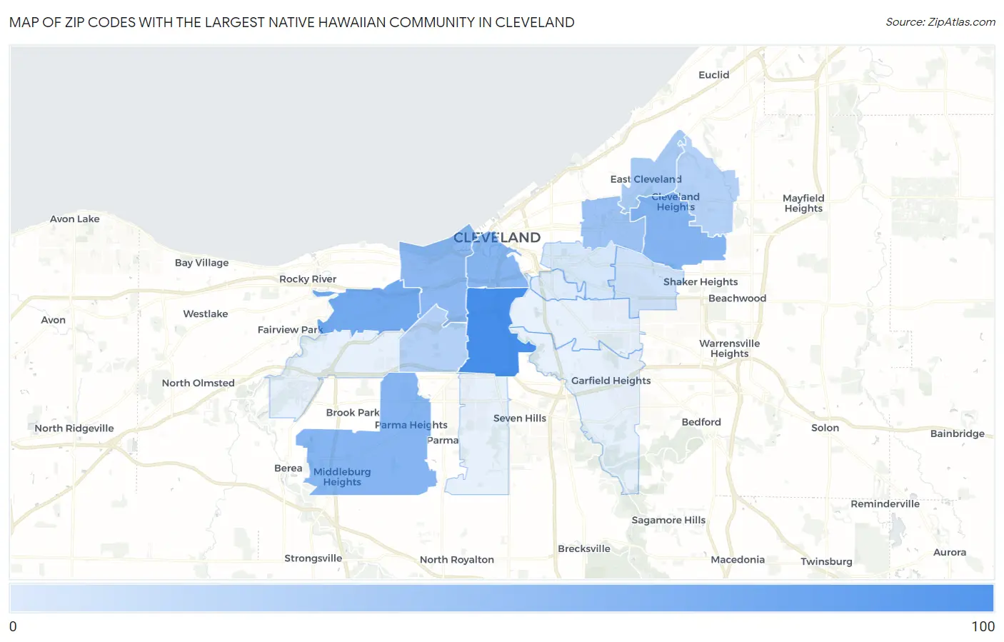 Zip Codes with the Largest Native Hawaiian Community in Cleveland Map